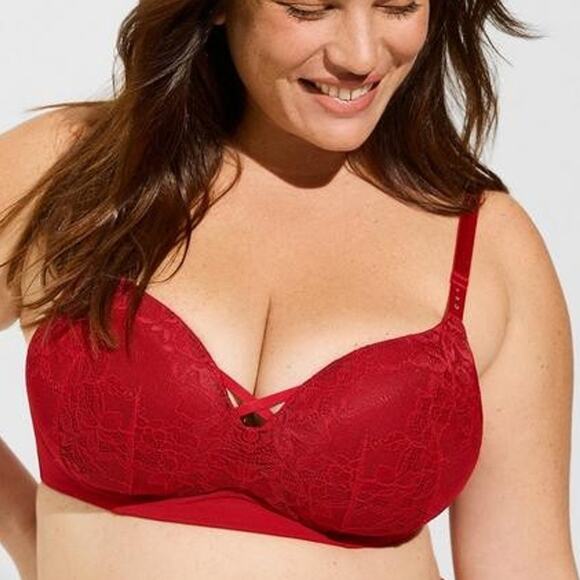 Torrid 46DDD Bra Dream Wire Free Boost Push Up Padded Rhinestone Red Lace - Picture 1 of 16